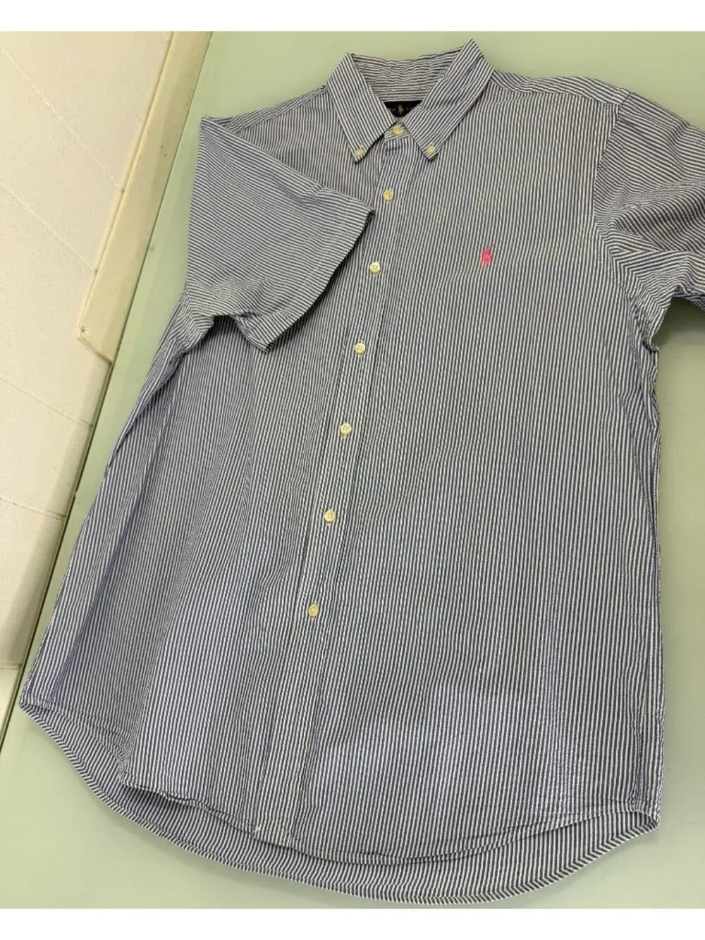 Polo Ralph Lauren Shirt Mens Large L Seersucker Short Sleeve Striped Button Down